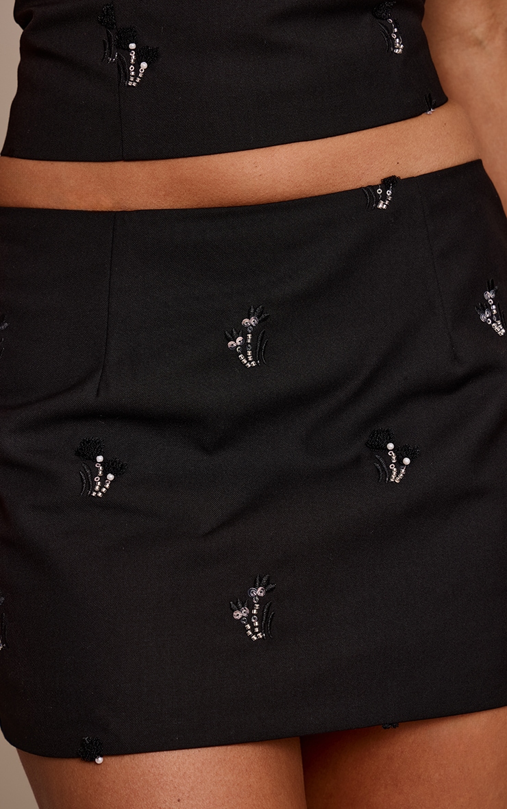 Black Woven Embroidered Sequin Detail Mini Skirt image 5