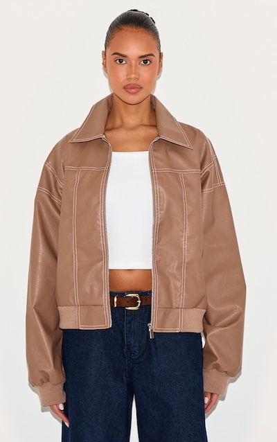 Deep Taupe Faux Leather Stitch Detailing Biker Jacket