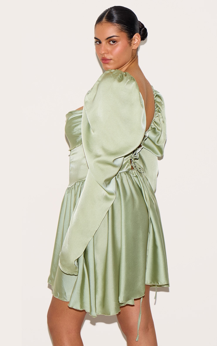 Plus Sage Green Satin Corset Detail Puffball Shift Dress image 2