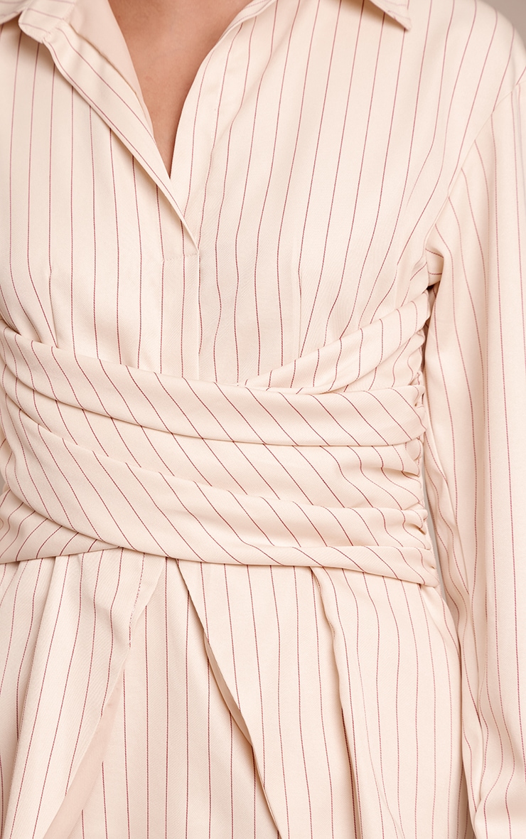 Cream Pinstripe Wrap Detail Long Sleeve Shirt Dress image 4