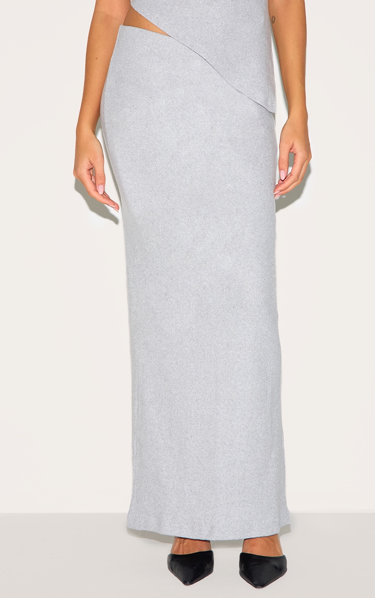 Grey Marl Brushed Rib Mid Rise Maxi Skirt image 2
