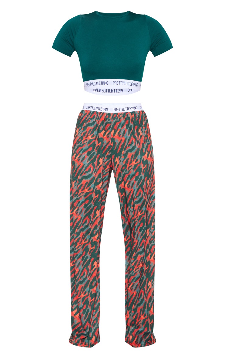 PRETTYLITTLETHING Green Tape Abstract Leopard Print PJ Set Pants image 5