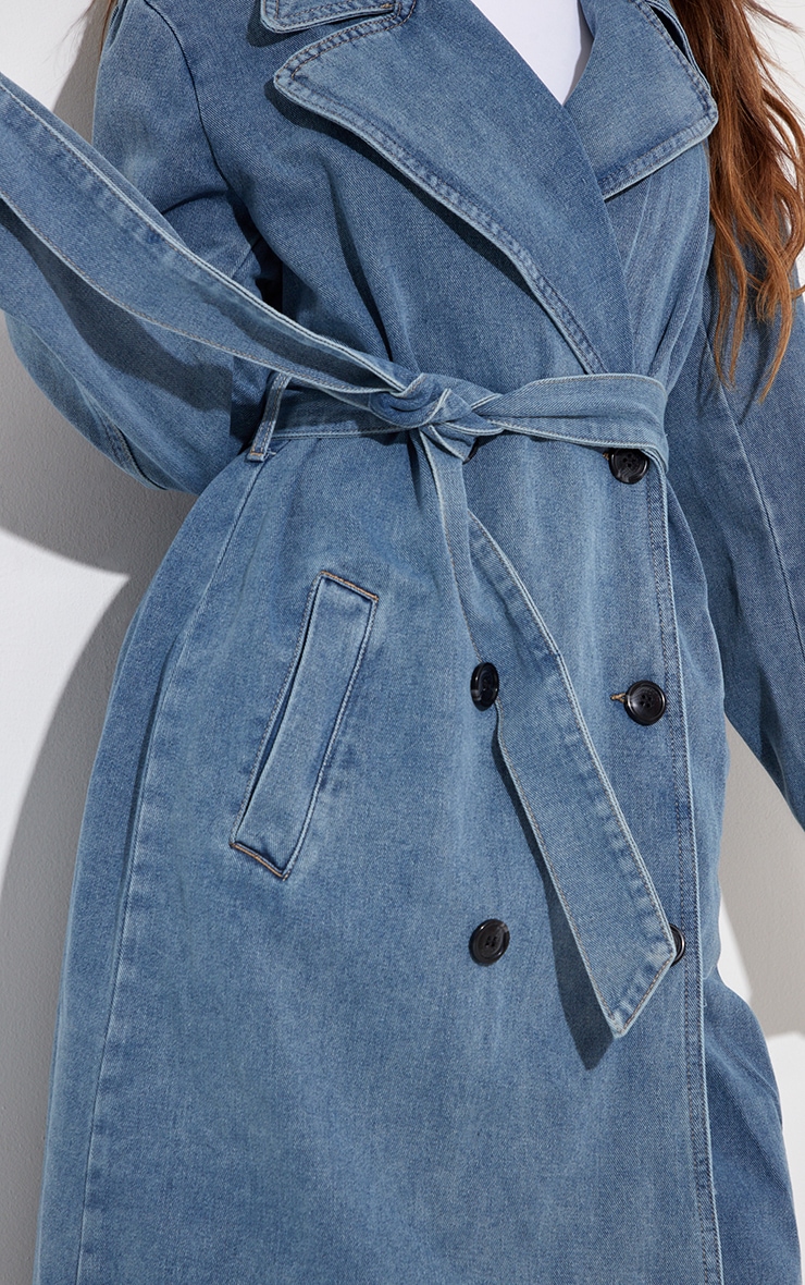 Vintage Blue Wash Denim Button Front Belted Trench Coat image 4