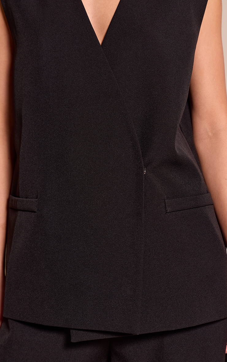 Black Woven Collarless Oversized Shoulder Pad Vest image 4