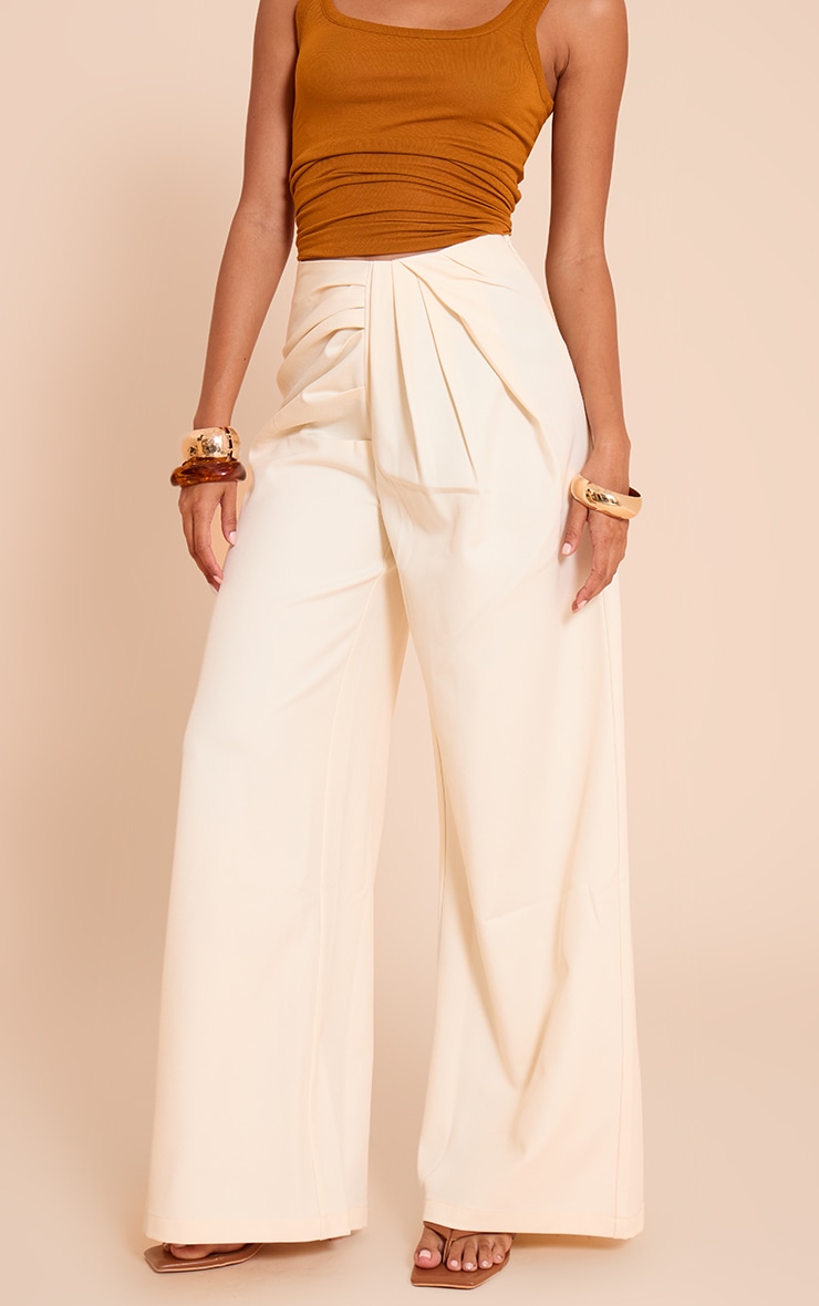 Cream Tailored Woven Pleat Detail Wide Leg Pants image 2