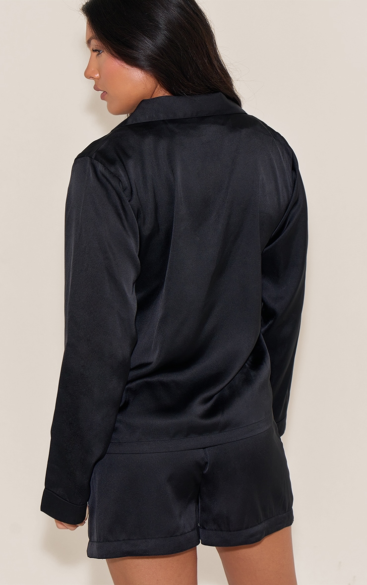Black Satin Long Sleeve Short Pj Set image 2