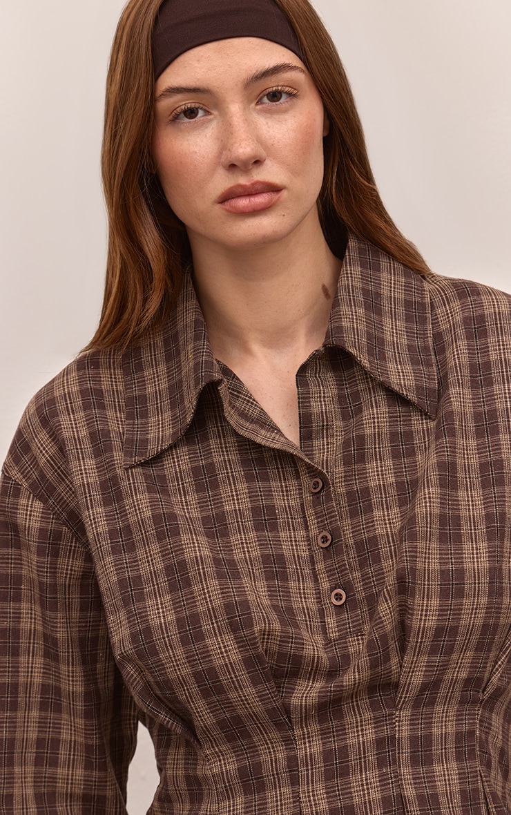 Brown Check Pleated Cinched Waist Shirt image 4