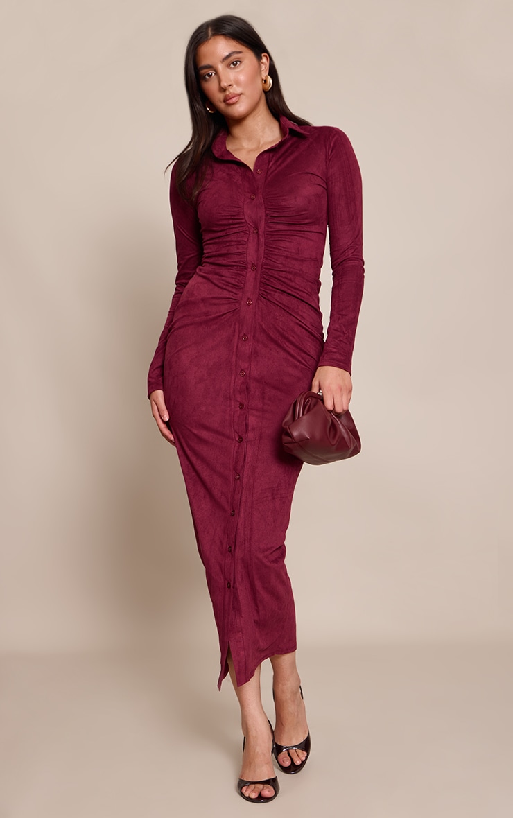 Wine Faux Suede Long Sleeve Ruched Button up Maxi Dress image 1