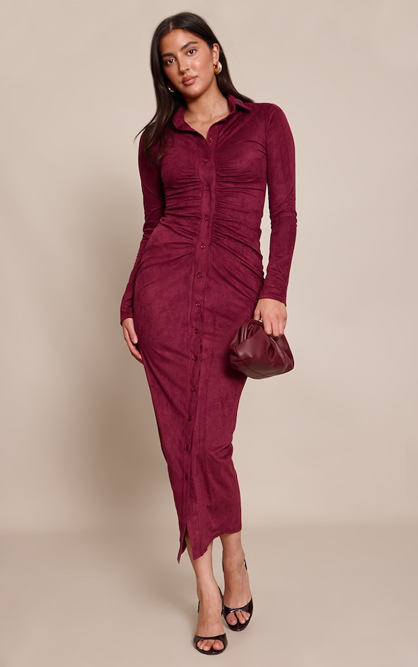 Wine Faux Suede Long Sleeve Ruched Button up Maxi Dress