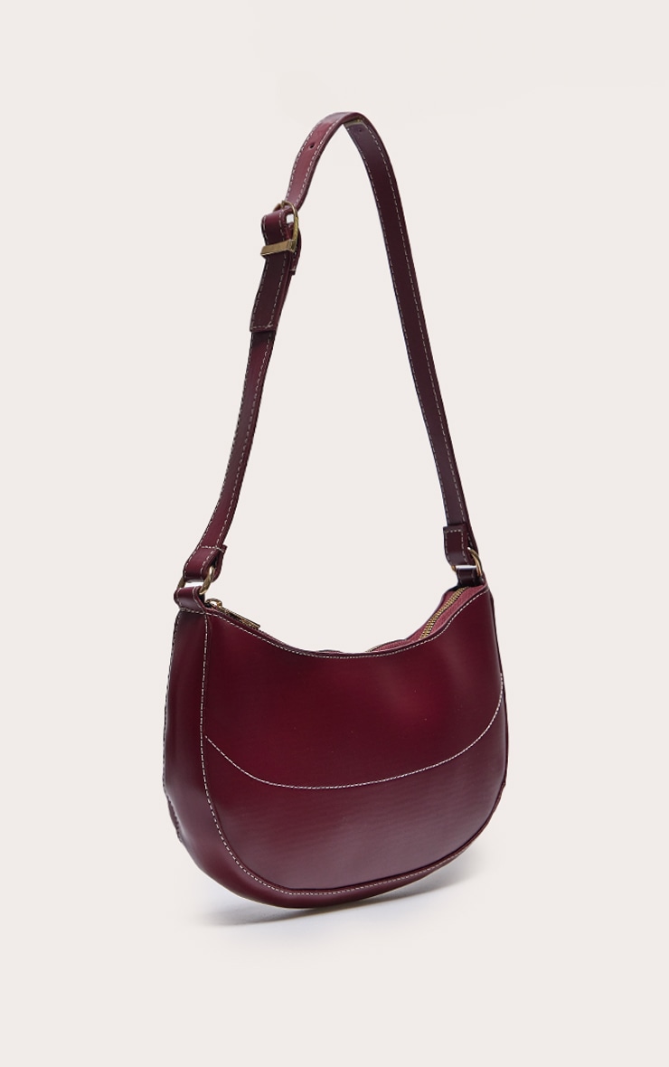 Burgundy PU Contrast Stitch Shoulder Bag image 2