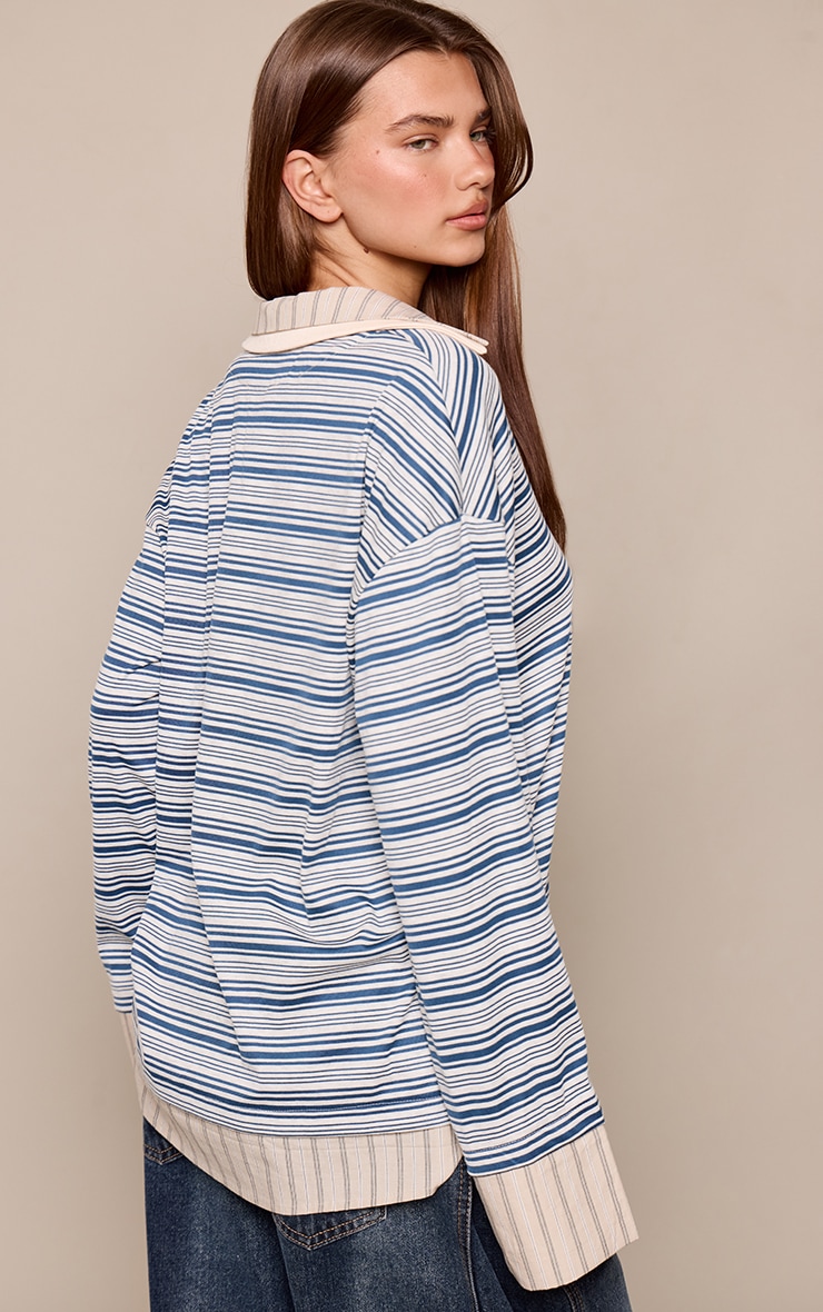 Blue Contrast Stripe Long Sleeve Rugby Style Shirt image 2