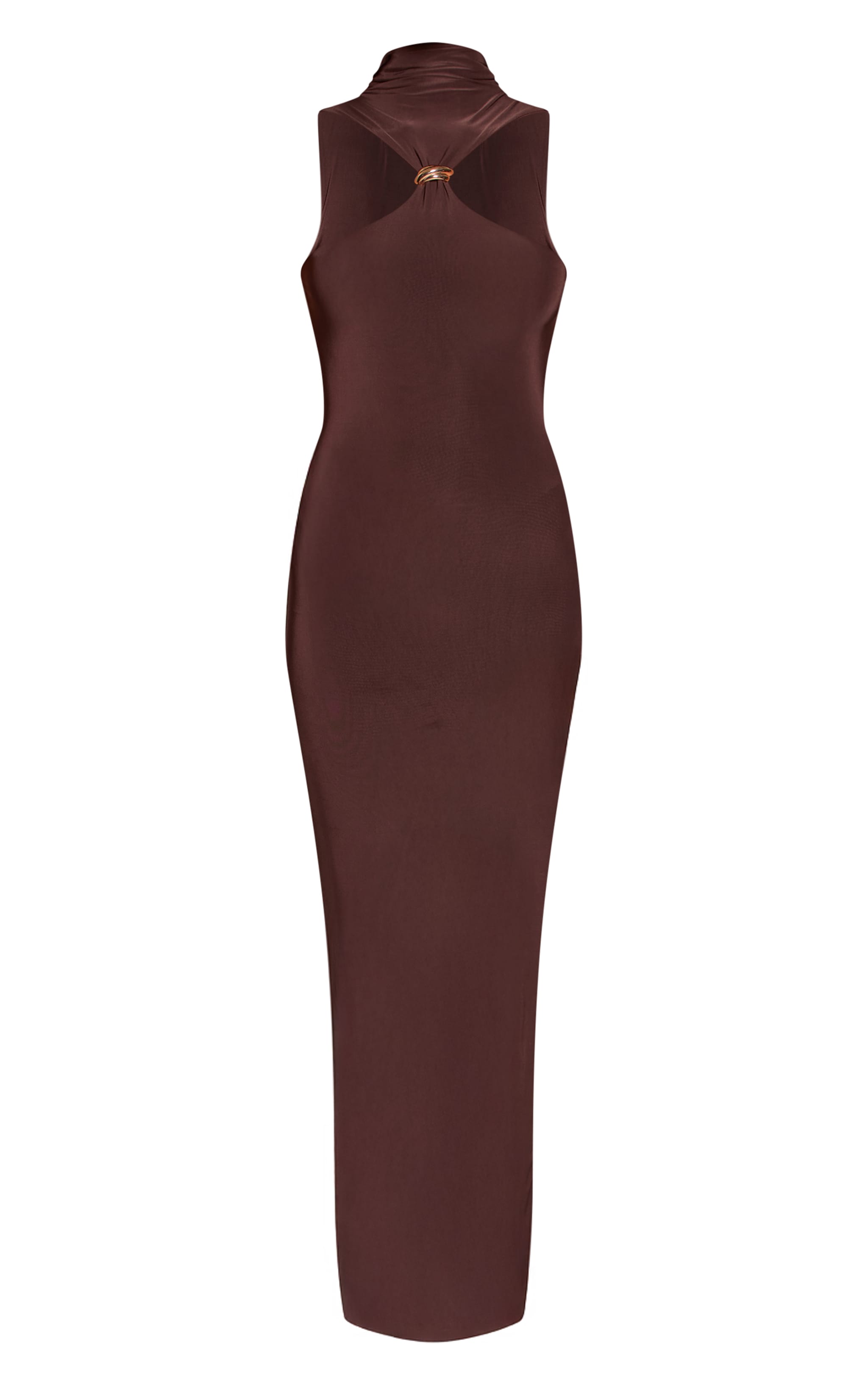 Chocolate Double Layer Slinky High Neck Trim Detail Maxi Dress image 5