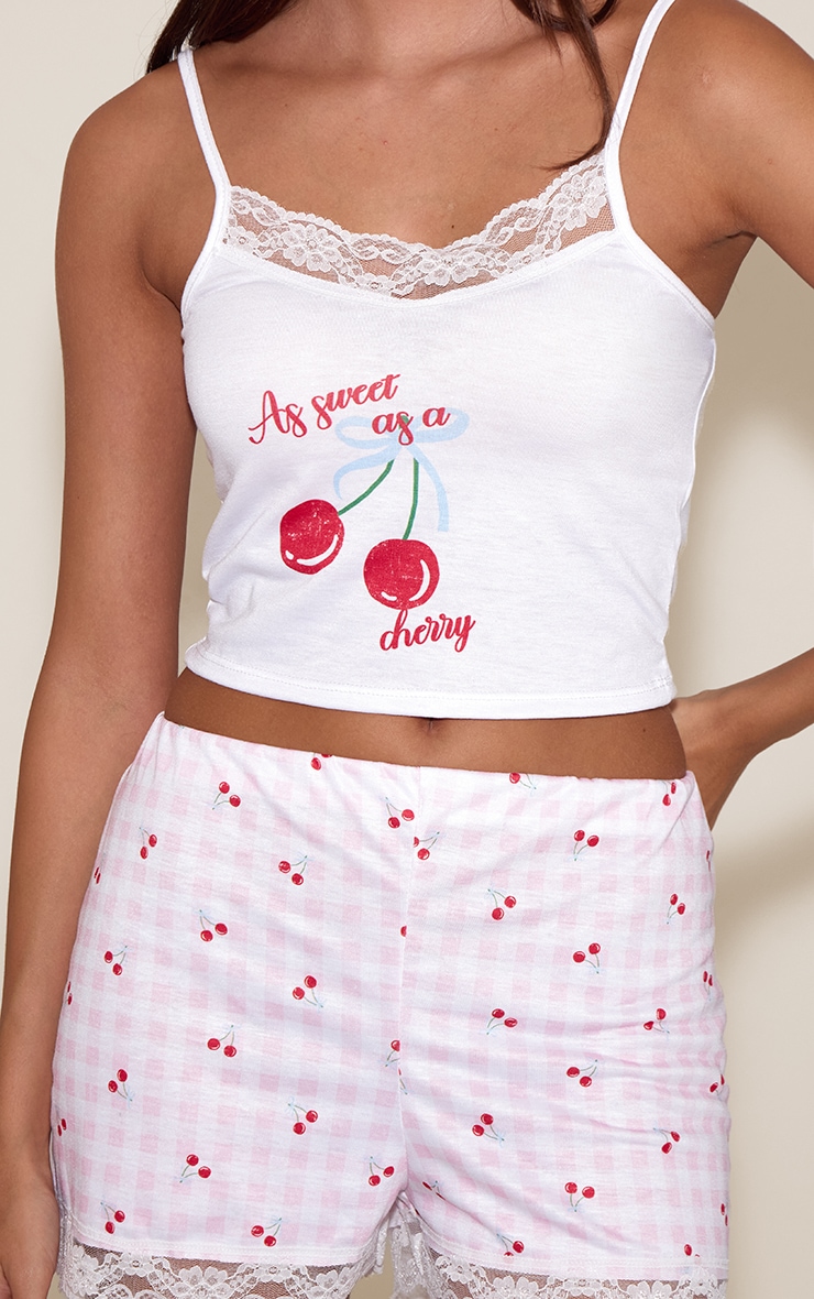 Pink Cherry Print Lace Trim Short Pj Set image 4