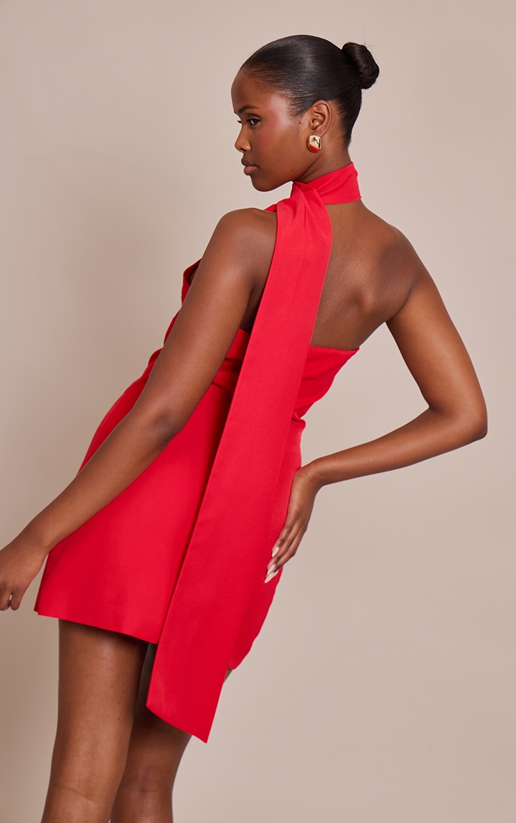 Red Woven Asymmetric Scarf Detail Mini Dress image 2