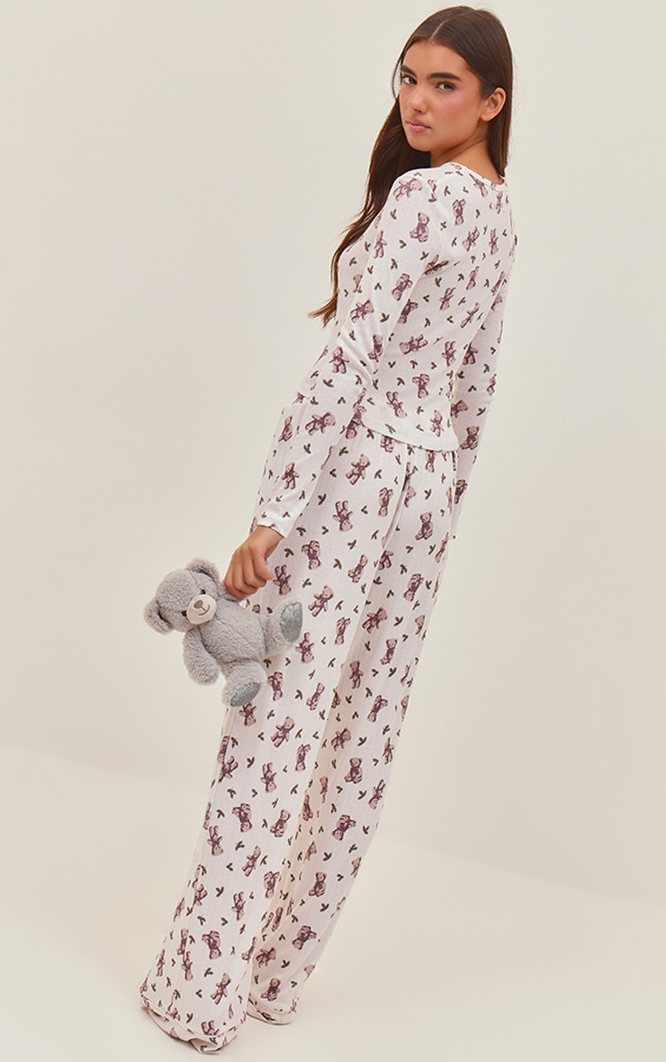 Teddy Bear Print Pointelle Fitted Long Sleeve Top and Pant PJ Set image 2