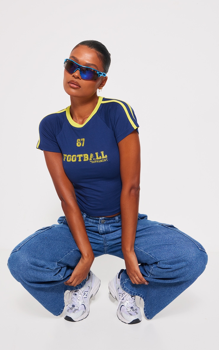 Navy Football Printed Longline Fitted T Shirt PrettyLittleThing QA