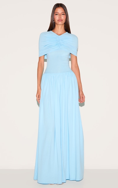 Pale Blue Bardot Extreme Fold Over Ruched Detail Maxi Dress
