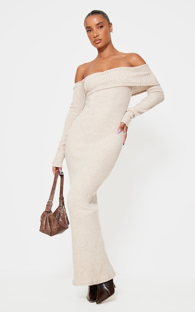 Oatmeal Brushed Rib Bardot Maxi Dress