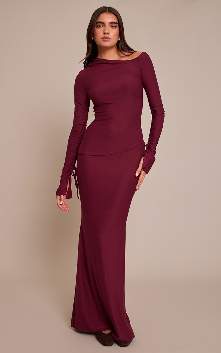 Burgundy Soft Touch Asymmetric Panel Maxi Skirt image 1