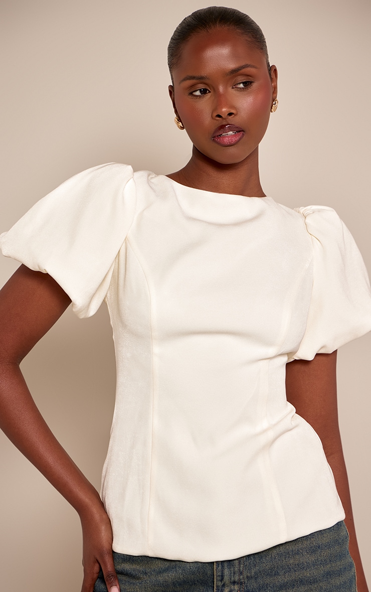 Cream Woven Puff Sleeve Tailored Top