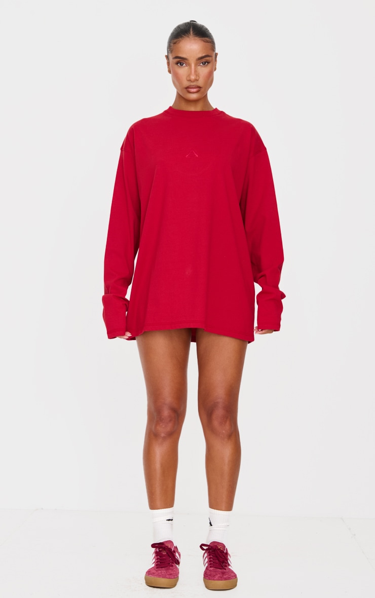 Dark Red Print Oversized Long Sleeve T-Shirt image 3