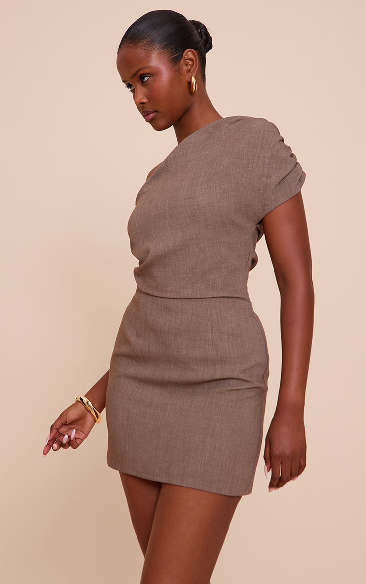 Taupe Woven Ruched One Shoulder Mini Dress image 2