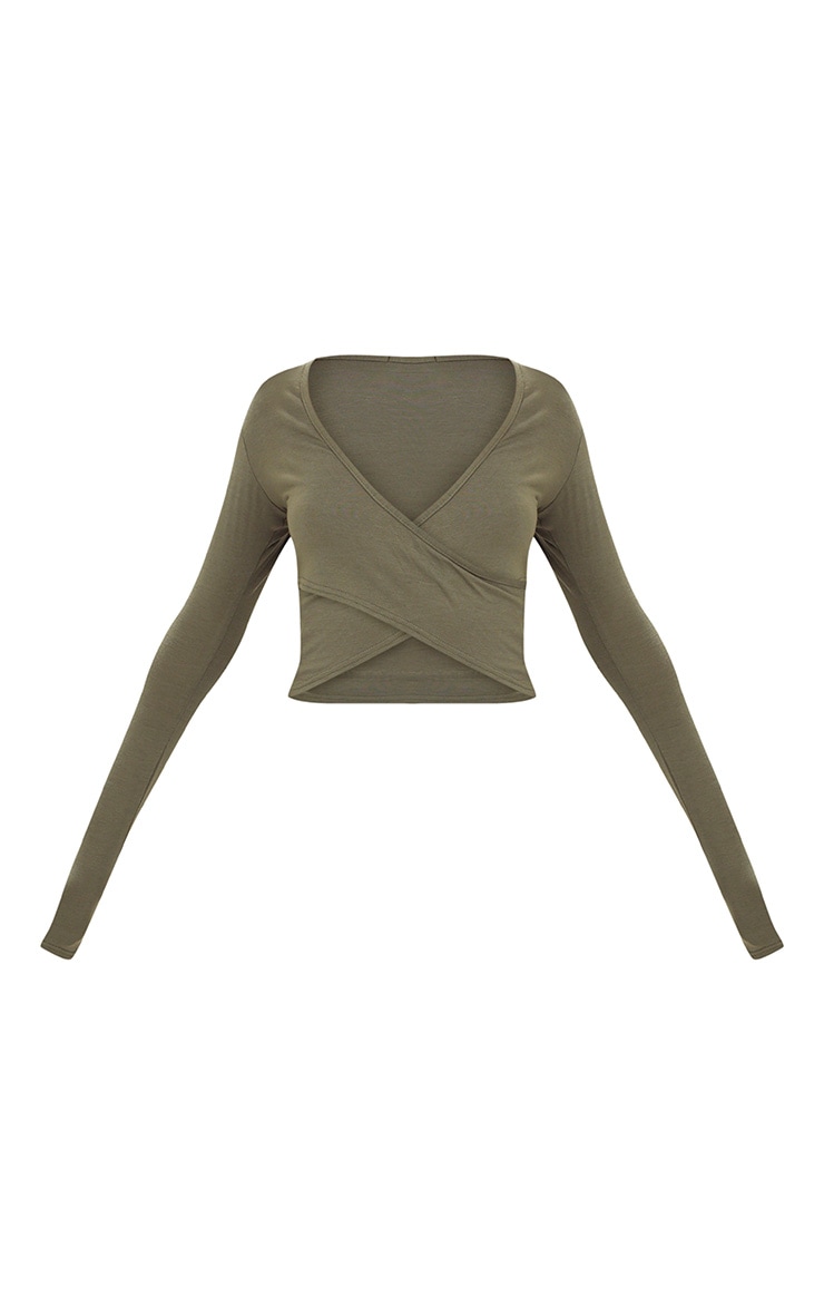 Khaki Wrap Front Longsleeve Crop Top Tops PrettyLittleThing