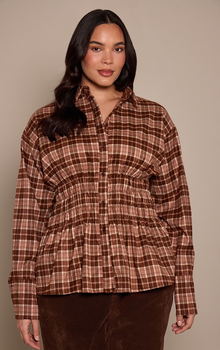 Plus Brown Check Shirred Waist Shirt  image 1