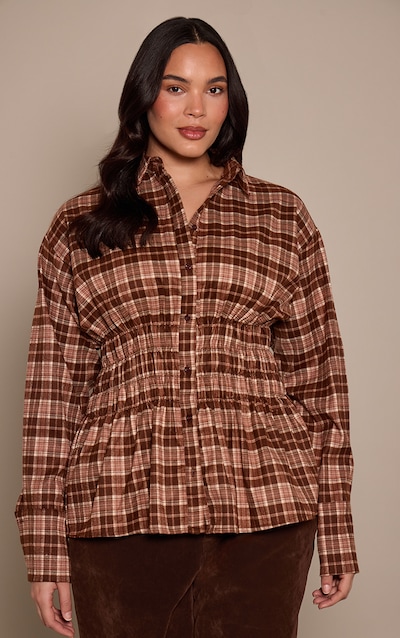 Plus Brown Check Shirred Waist Shirt