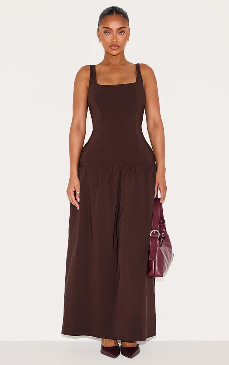 Shape Chocolate Stretch Woven Square Neck Dropped Hem Maxi Shift Dress image 1