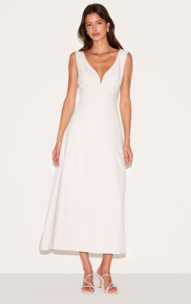 Robe de tailleur mi-longue tissée crème à décolleté et boutons image 1