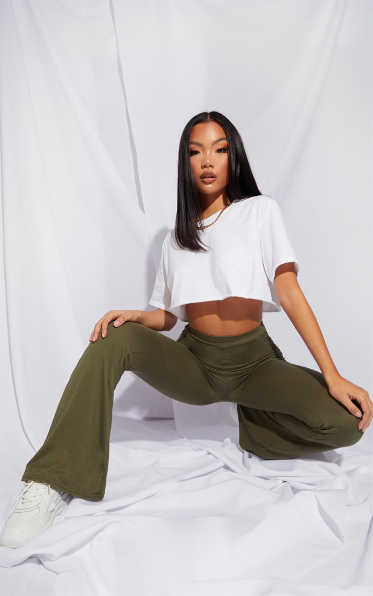Petite Khaki Jersey Wide Leg Flares