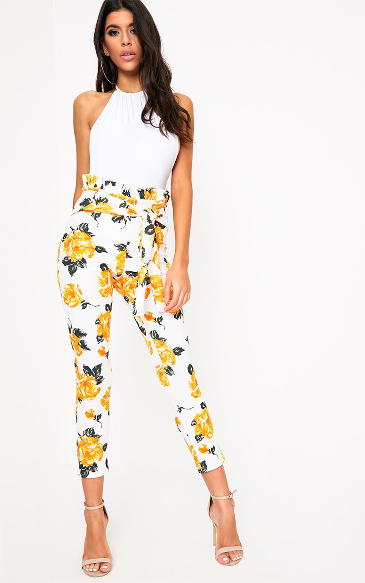 Yellow Floral Paper Bag Skinny Trousers PrettyLittleThing USA