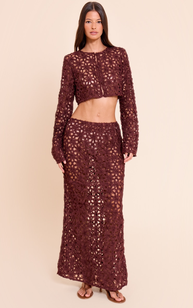 Dark Brown Textured Floral Button Cropped Top image 3