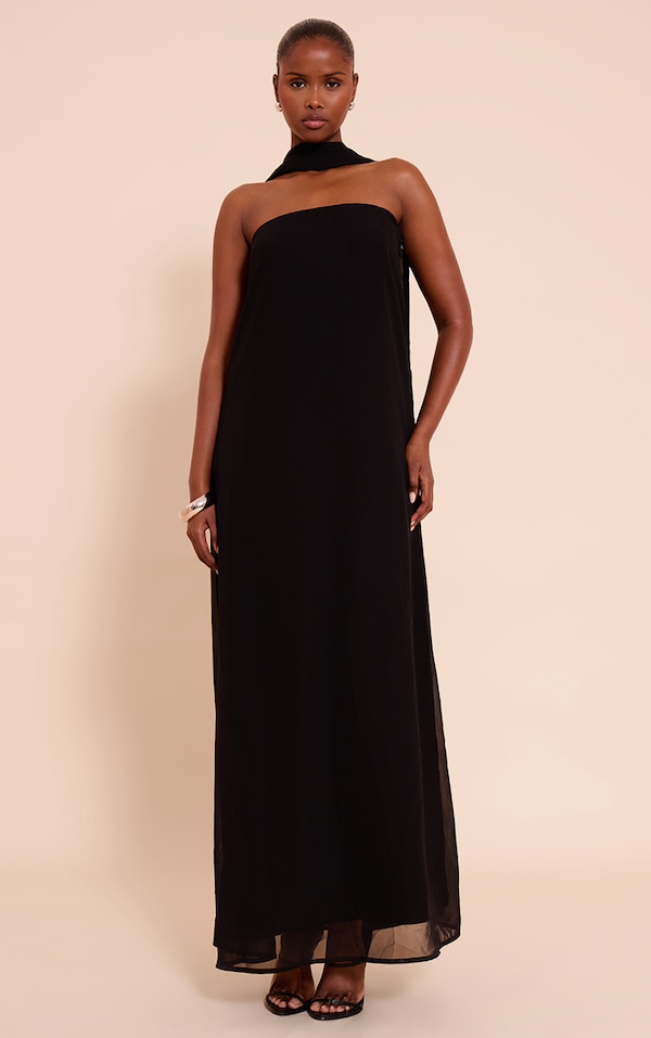 Black Chiffon Scarf Detail Bandeau Column Dress