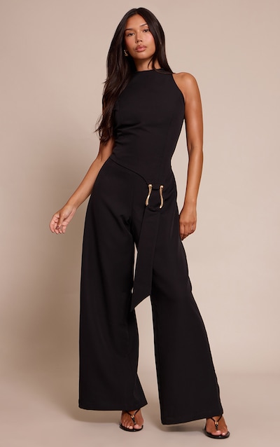 Black Woven Belt Trim Detail Straight Leg Jumpsuit