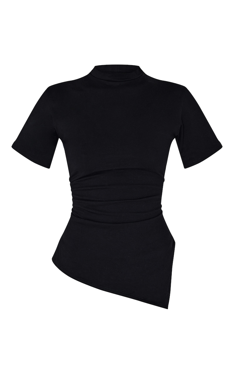 Asymmetrical T-Shirt with Feather Trim - Black