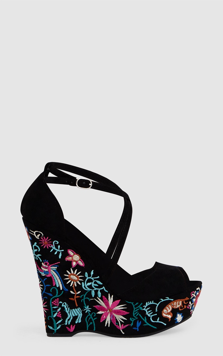 Black Embroidered Wedges. Shoes PrettyLittleThing