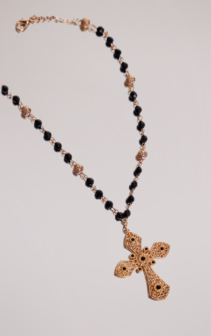 Black Beaded Long Cross Necklace image 3