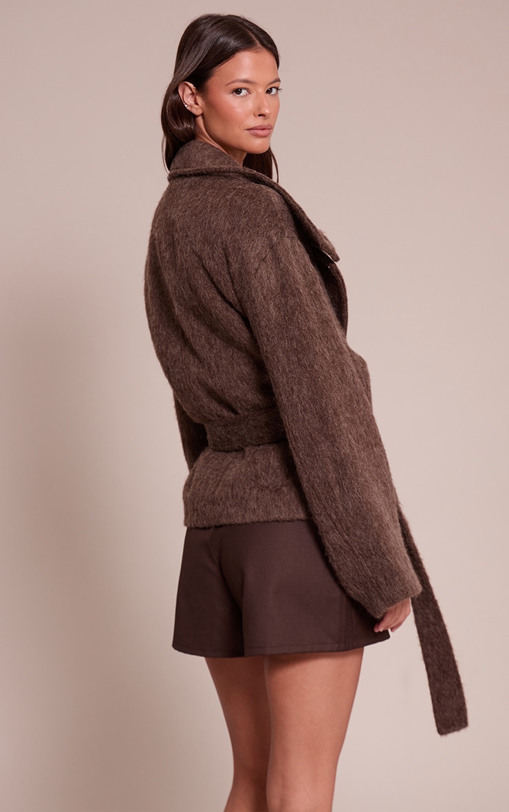Chocolate Faux Brushed Wool Tie Waist Coat image 2