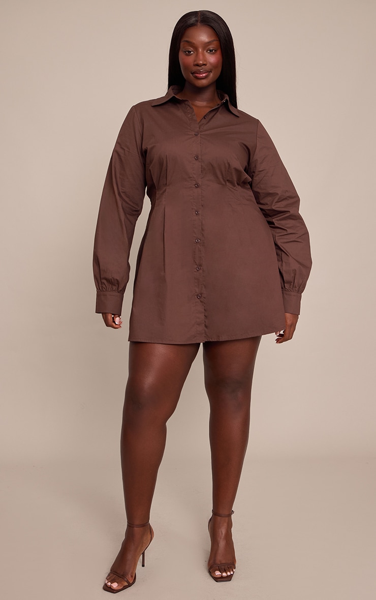 Plus Chocolate Cotton Poplin Cinched Waist Shirt Dress image 3