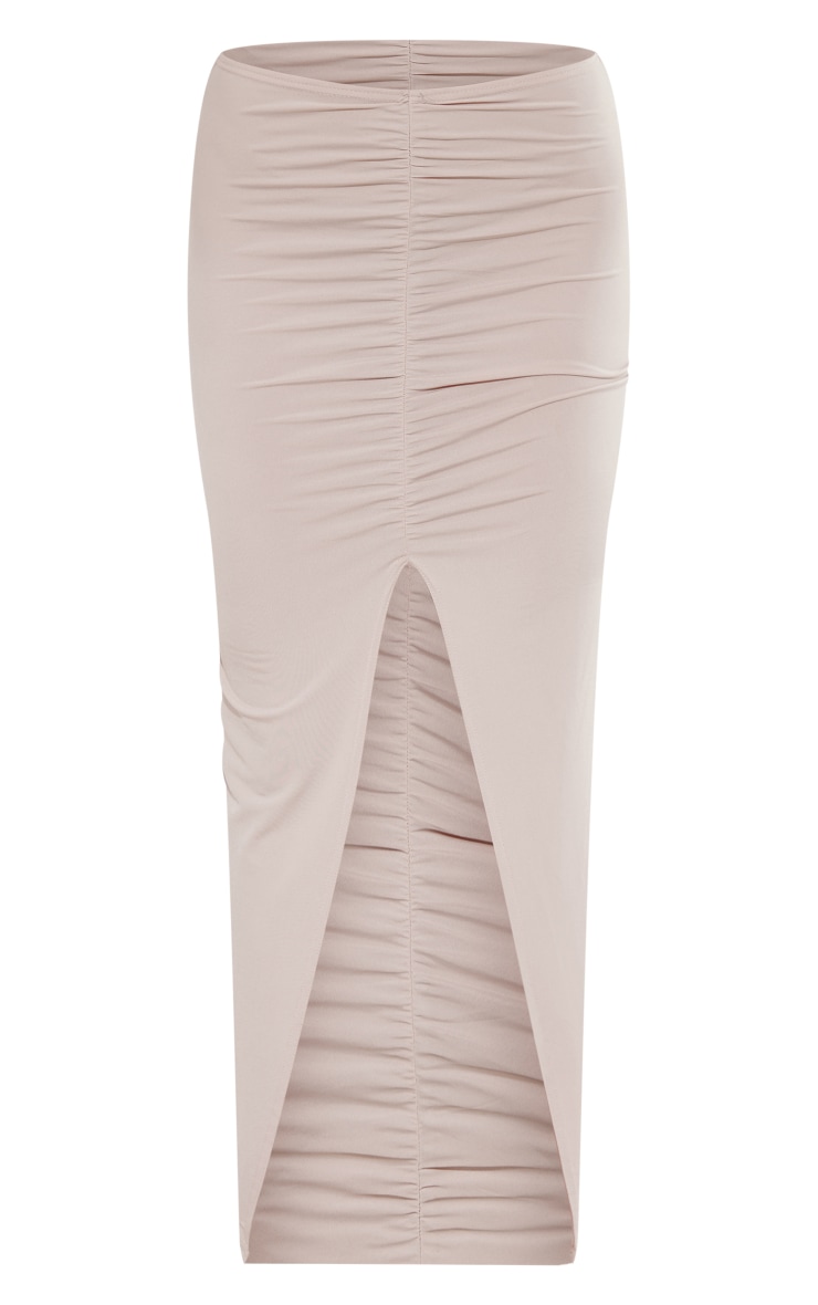 Stone Slinky Ruched Front Split Hem Maxi Skirt image 5