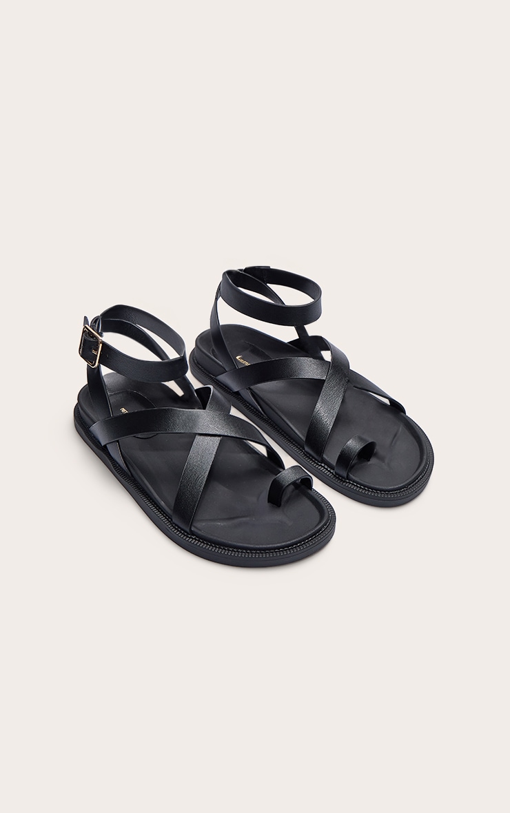 Black Pu Round Toe Ankle Strap Footbed Sandals image 1