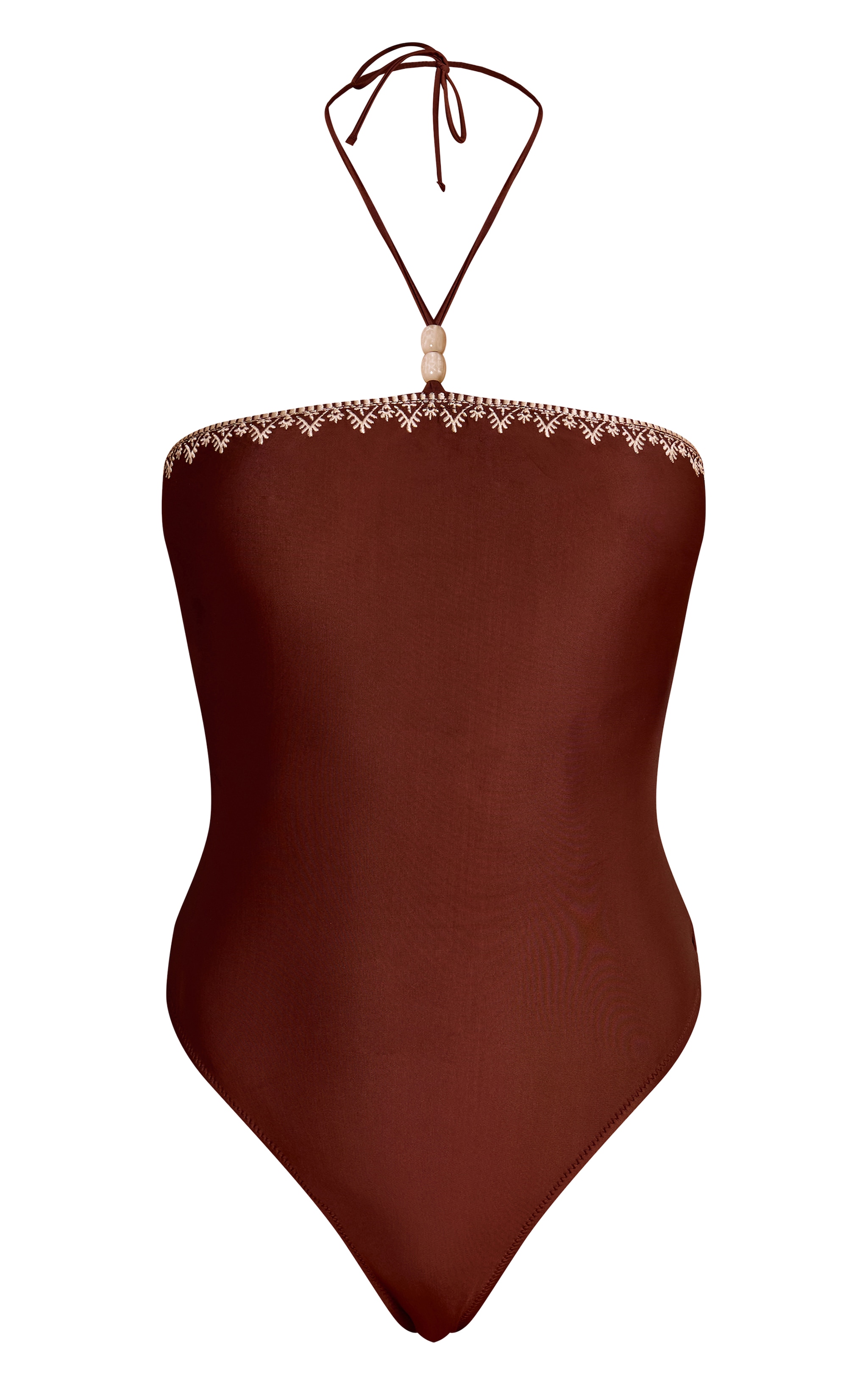 Chocolate Embroidered Bead Detail Halter Swimsuit image 5