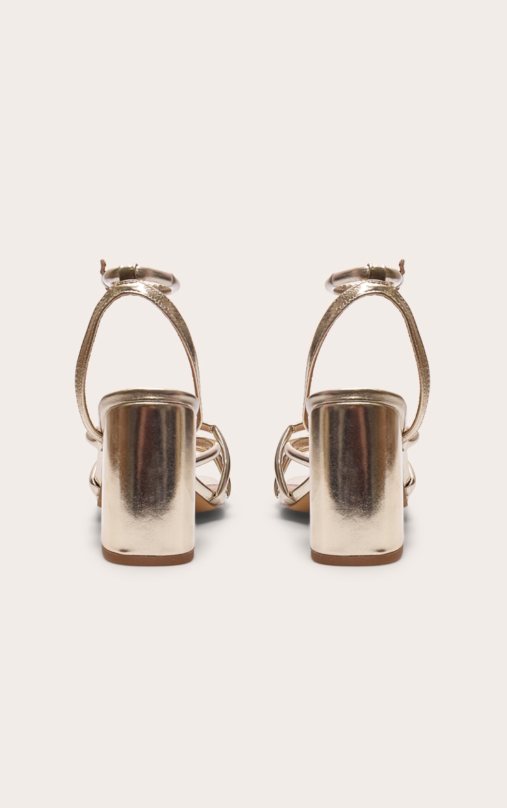 Gold Metallic Pu Round Toe Multi Strap Block Heeled Sandals image 3