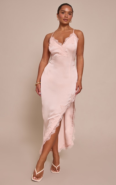 Shape Dusty Pink Satin Lace Mix Strappy Mid Dress