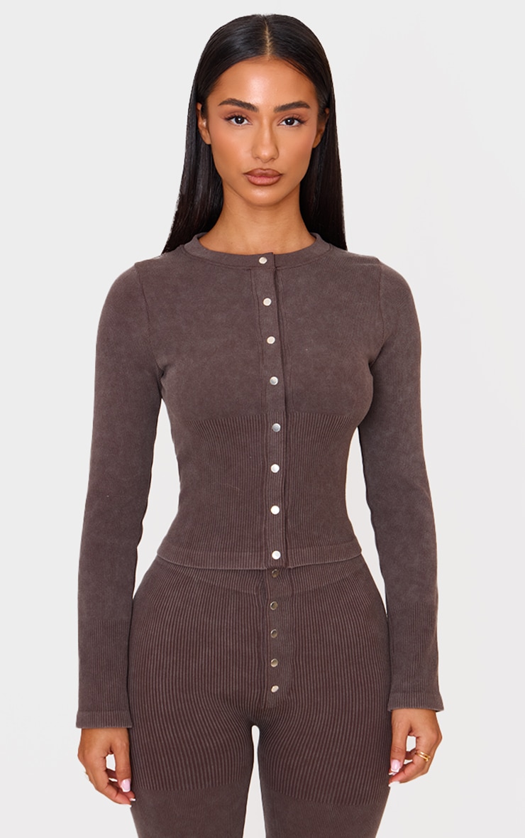 Petite Chocolate Faded Snatched Rib Long Sleeve Button Up Long Top image 1