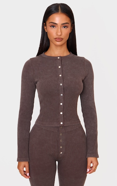 Petite Chocolate Faded Snatched Rib Long Sleeve Button Up Long Top