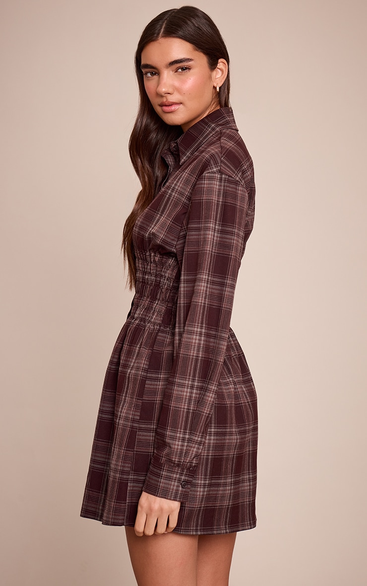 Brown Check Cinched Waist Long Sleeve Shirt Dress image 2