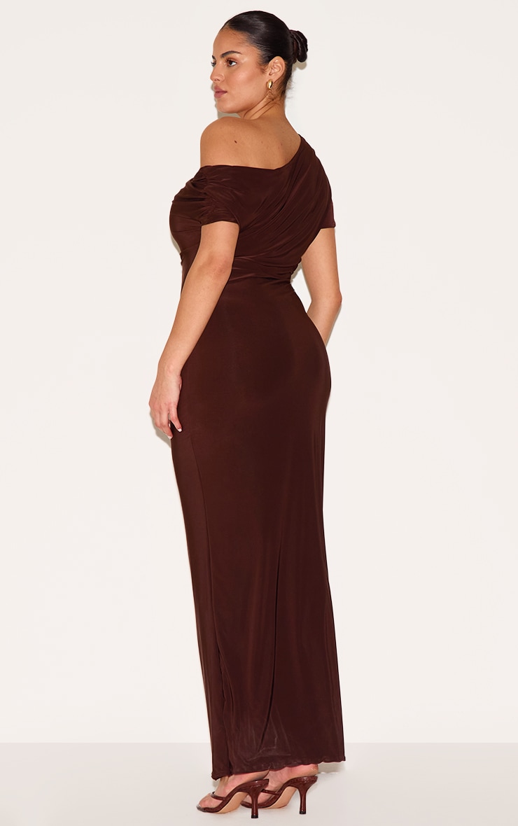 Plus Dark Chocolate Double Layer Slinky Asymmetric Ruched Sleeve Maxi Dress image 2